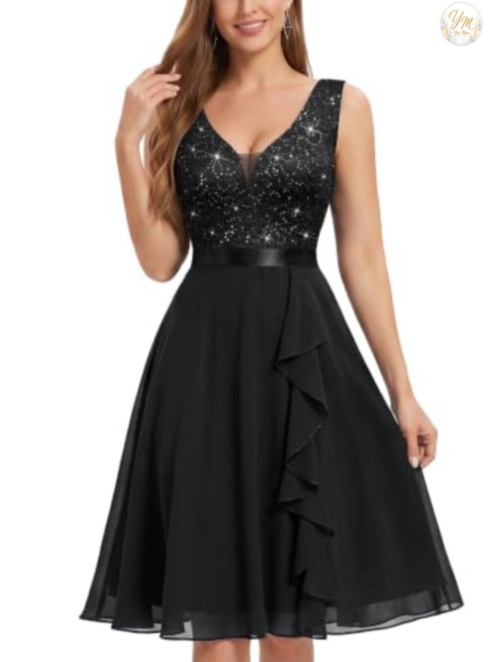 Vintage Sequin V-Neck A-Line Formal Party Dress Sleeveless Ruffled